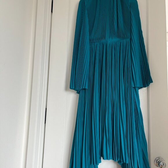 NWT Balenciaga Plisse Crepe Midi Dress Petrol Blue Pleated Asymmetric Flared - Picture 12 of 14